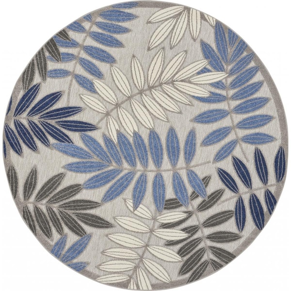 Palacedesigns 8 ft. Round Gray & Blue Leaves Indoor & Outdoor Area Rug PA3658115 - main